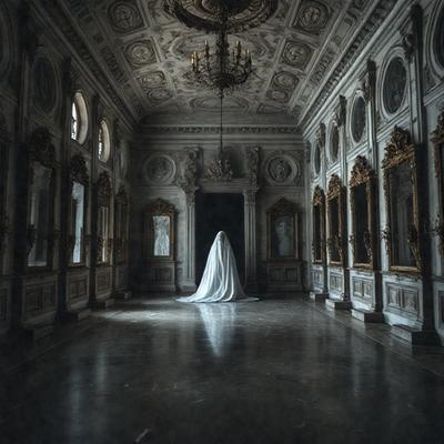 The primary subject of the image is a ghostly figure, possibly a woman, standing in a large, ornate room with high ceilings. The room features a chandelier hanging from the ceiling, and there are several paintings on the walls. The setting appears to be a grand, historic building, possibly a museum or a stately home. The visual style of the image is a black and white photo, which adds to the dramatic and mysterious atmosphere of the scene. The colors and mood of the